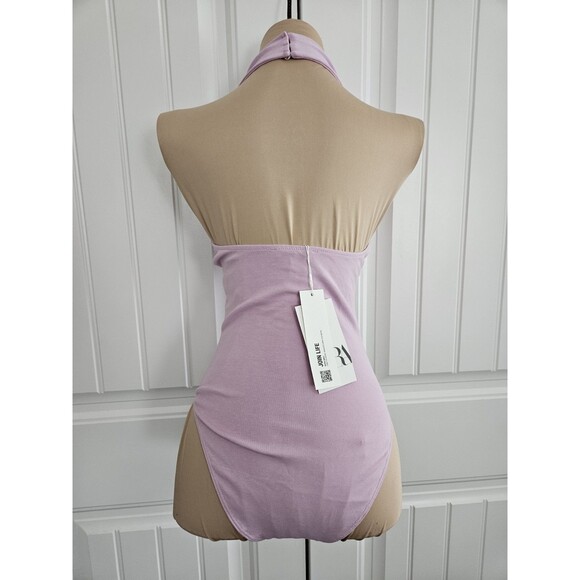 Zara Lavender Halter Bodysuit Size S Convertable Cotton Deep V Stretch NWT - Picture 3 of 9